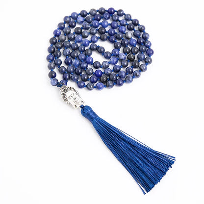 108 Mala Natural Sodalite Feito à Mão Nó Frisado Meditação Yoga Grande Cabeça de Buda Borla Colar Longo
