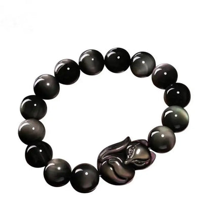 Pulseira de obsidiana com olhos de arco-íris, pulseira masculina de obsidiana dourada, raposa de olhos verdes, círculo único, joias de cristal para casal