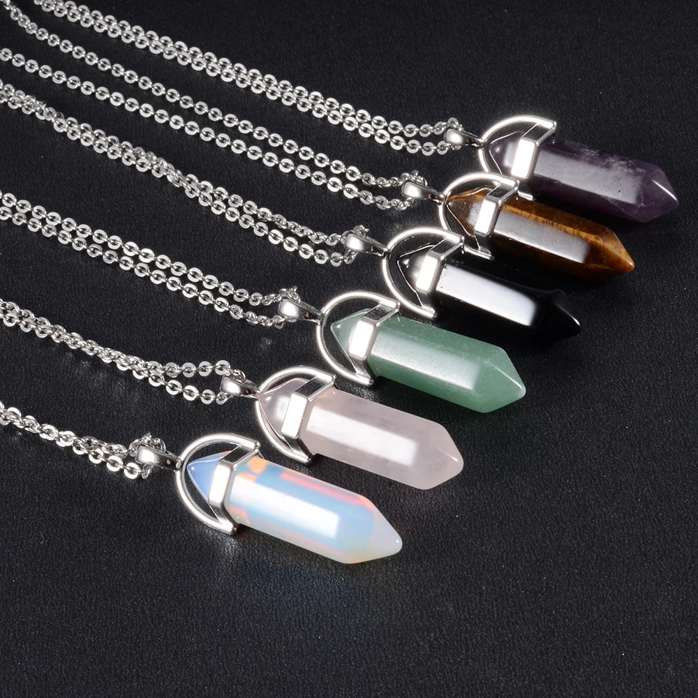 1 pçs de aço inoxidável natural quartzo obsidiana cristal hexagonal chakra ponto cura pêndulo pedra pingente colar para presente