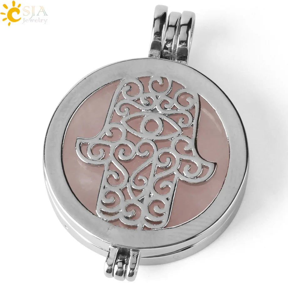 Colar com Pingente de Pedra Natural CSJA, Design da Mão de Fátima Hamsa, Difusor de Óleo Essencial, Joia de Cura para Mulheres e Homens G309