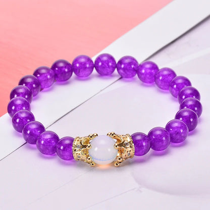 Pulseira de Contas CZ Crown Bead King&Queen com Pedra Olho de Tigre para Homens e Mulheres, Pulseira de Contas de Cristal de Pedra Natural, Joia com Pingente