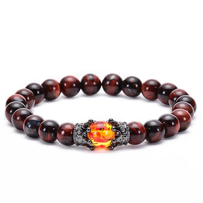 Pulseira de Contas CZ Crown Bead King&Queen com Pedra Olho de Tigre para Homens e Mulheres, Pulseira de Contas de Cristal de Pedra Natural, Joia com Pingente
