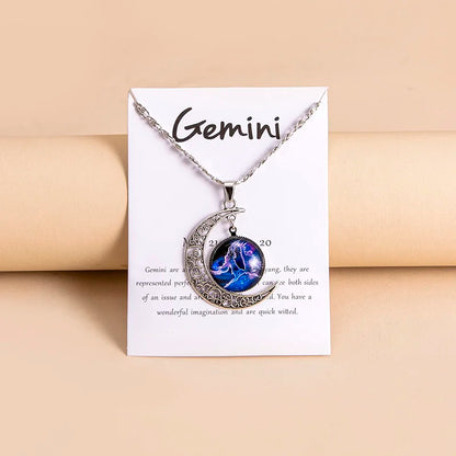 Vintage 12 signos do zodíaco lua pingente colares galáxia estrela colar de vidro para mulheres meninas presentes