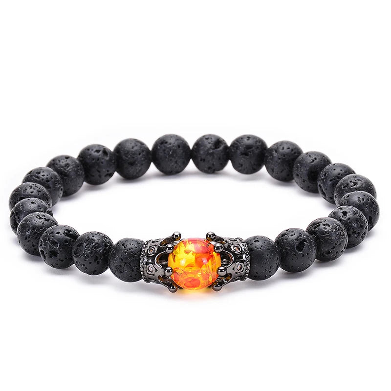 Pulseira de Contas CZ Crown Bead King&Queen com Pedra Olho de Tigre para Homens e Mulheres, Pulseira de Contas de Cristal de Pedra Natural, Joia com Pingente