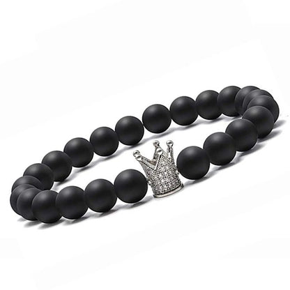 Pulseiras de Casal de Howlite Branca Fosca Preta de 8mm com Coroa de Zircônia Cúbica Rei e Rainha, Pulseiras de Pedra Natural, Pulseira de Distância com Pingente, Joias