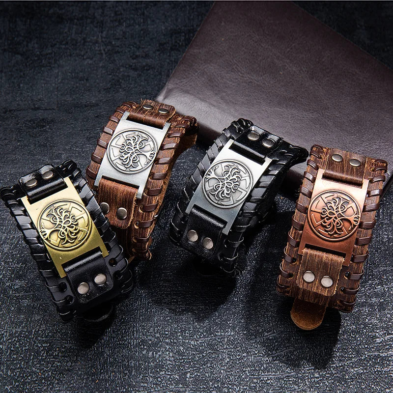 Moda árvore da vida totem viking pulseira masculina charme pulseira nova moda couro tecido acessórios festa hip hop punk jóias