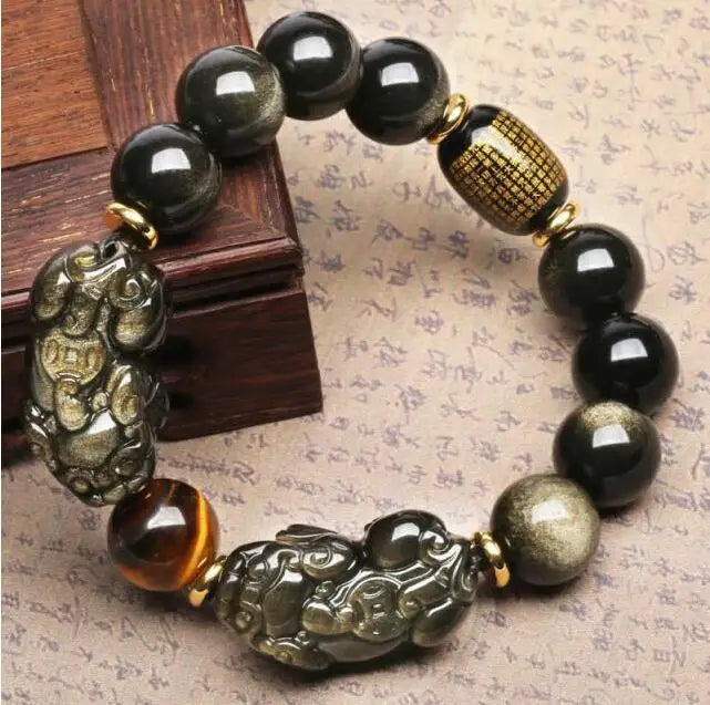 Natural méxico ouro obsidiana duplo pi xiu pulseira duplo um dólar pixiu estilo masculino requintado escultura mão corda atacado