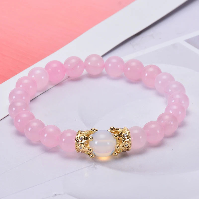 Pulseira de Contas CZ Crown Bead King&Queen com Pedra Olho de Tigre para Homens e Mulheres, Pulseira de Contas de Cristal de Pedra Natural, Joia com Pingente