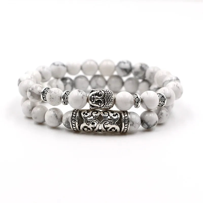 Yizizai 2 pçs/set tibetano cabeça de buda pulseira jóias pedra natural grânulo pulseiras das mulheres dos homens lava ônix turquesa jóias presente