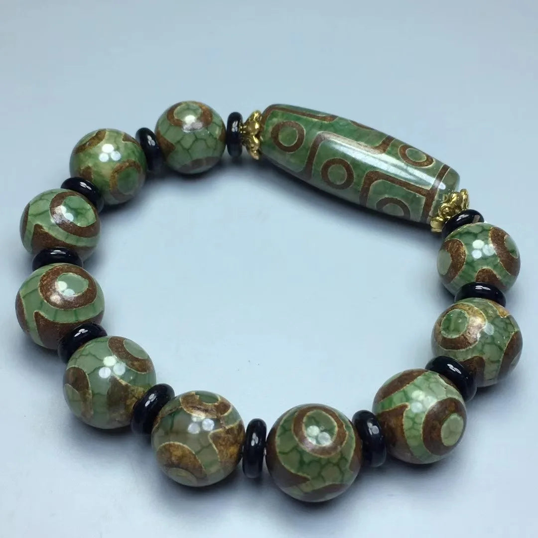 Green Jade 9 Eye Tibet Dzi Bead Pulseira para Homens, Budismo Tibetano, Ágata Fengshui, 3 Olhos Dzi Beads, Pulseiras de Amuleto de Sorte