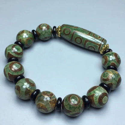 Green Jade 9 Eye Tibet Dzi Bead Pulseira para Homens, Budismo Tibetano, Ágata Fengshui, 3 Olhos Dzi Beads, Pulseiras de Amuleto de Sorte