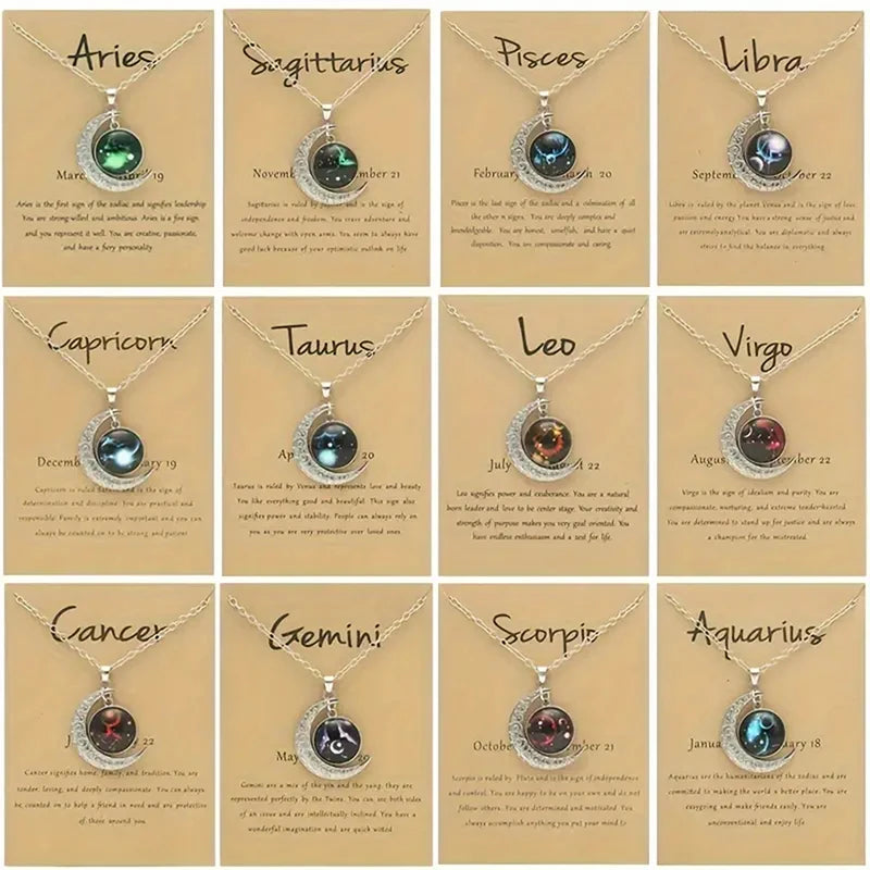Colar de pingente de lua com 12 signos do zodíaco de vidro com cartão vintage astrologia constelação joias presentes