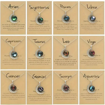 Colar de pingente de lua com 12 signos do zodíaco de vidro com cartão vintage astrologia constelação joias presentes