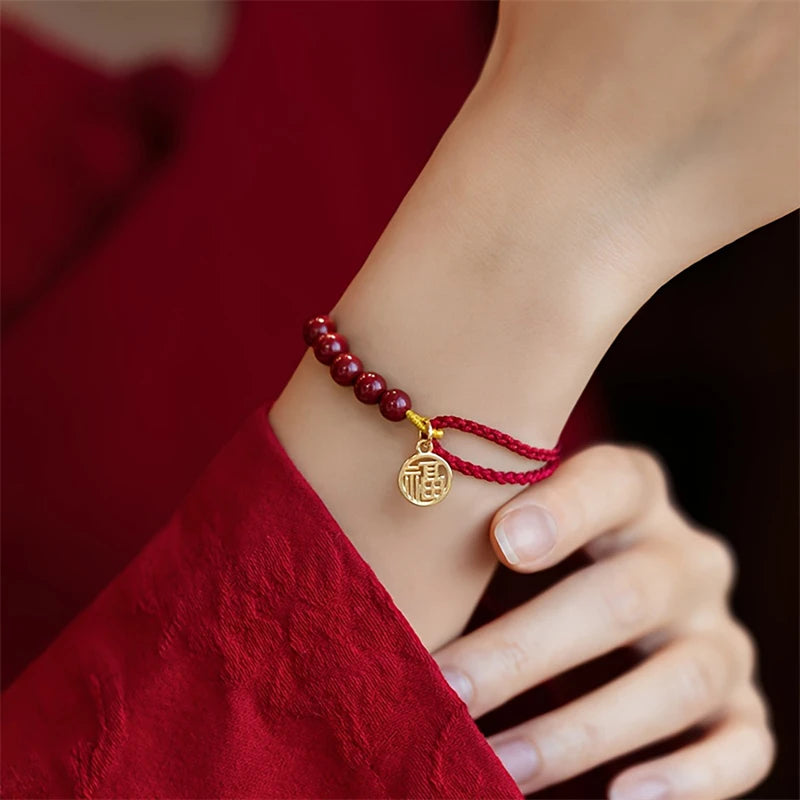 Corda tecida à mão imitação cinábrio fu pingente pulseira para mulheres sorte vermelho nó chinês artesanal trançado pulseira jóias presente