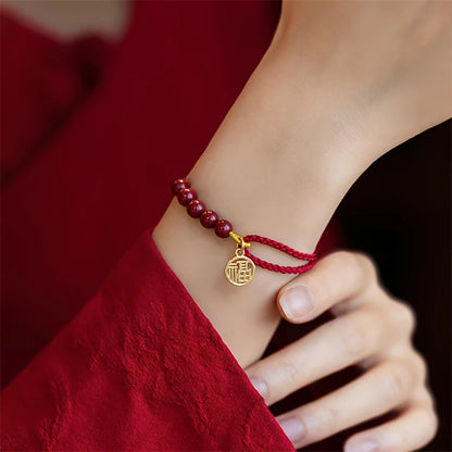 Corda tecida à mão imitação cinábrio fu pingente pulseira para mulheres sorte vermelho nó chinês artesanal trançado pulseira jóias presente