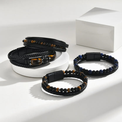 Pulseira de Couro Trançada Multicamadas Vnox para Homens, com Pérolas de Olho de Tigre e Lápis-Lazúli, Fecho Magnético, Joia Masculina Moderna para Presente