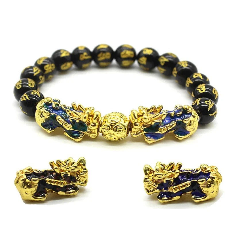 Pulseiras unissex de pedra obsidiana, pulseira chinesa fengshui dupla pixiu que muda de cor, riqueza, boa sorte, homens e mulheres