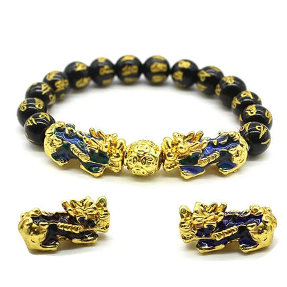 Pulseiras unissex de pedra obsidiana, pulseira chinesa fengshui dupla pixiu que muda de cor, riqueza, boa sorte, homens e mulheres