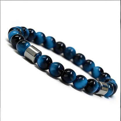 1PC Pulseira Elástica Minimalista Unissex - Synth. Contas de Olho de Tigre Azul e Pedra Preta, Uso Diário, Presente para Família e Amigos