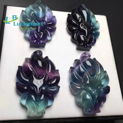 Pingente de Jade em Forma de Raposa de Nove Caudas Esculpido à Mão em Fluorita Natural, Joias de Boutique da Moda, Colar de Raposa para Homens e Mulheres, Presente