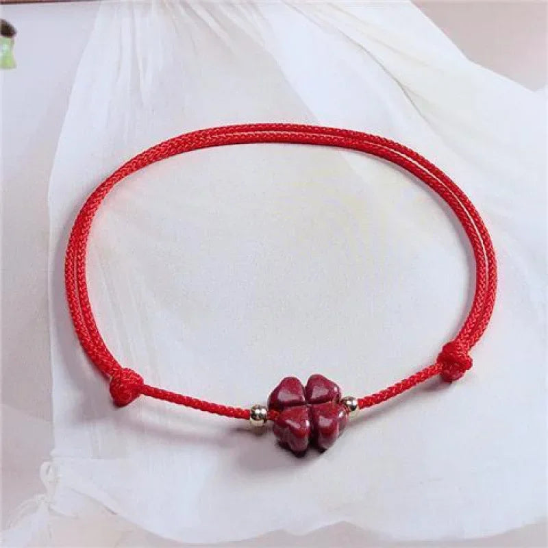 Cinábrio sorte trevo de quatro folhas corda vermelha frisado pulseiras para mulheres homens artesanal trançado vermelho preto corda sorte pulseira jóias