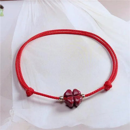 Cinábrio sorte trevo de quatro folhas corda vermelha frisado pulseiras para mulheres homens artesanal trançado vermelho preto corda sorte pulseira jóias