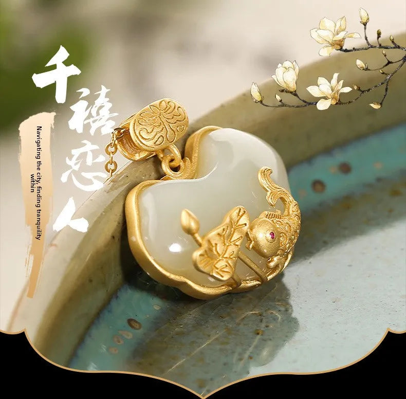 Pingente de Jade Hetian com Peixe Koi da Sorte Chinês, Colar Retro em Prata Esterlina S925 para Mulheres, Boa Sorte, Riqueza, Bênção e Fortuna