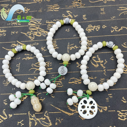 Pulseira Budista de Sementes Bodhi de Jade Branco Natural Ajustável com Contas de Lótus, Joia de Meditação Zen, Presente Artesanal Espiritual para Homens e Mulheres