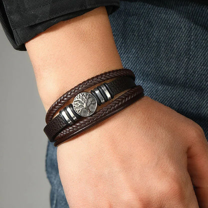 Pulseiras de couro feitas à mão para homens, pingente de árvore da vida da sorte, punk, em camadas, pulseira masculina, acessórios de joias de mão