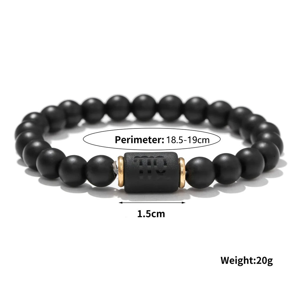 Zodiac Frisado Pulseiras para Homens e Mulheres, 12 Constelações, Ágata Matte Preto, Corda Elástica, Contas Pulseira, Casal Jóias, Presentes