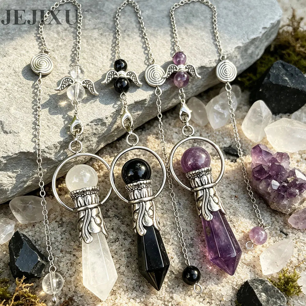 Pêndulo de Cristal Natural para Adivinhação, Radiestesia, Pingente de Pedra Hexagonal, Ametistas, Obsidiana Negra, Quartzo Espiritual, pingente de pedras naturais verdadeiras pendulos de cristais espiritual