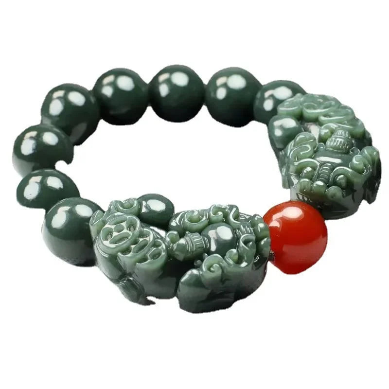 Pulseira dupla Pixiu de jade verde Pulseira de contas de Buda Pulseiras masculinas e femininas