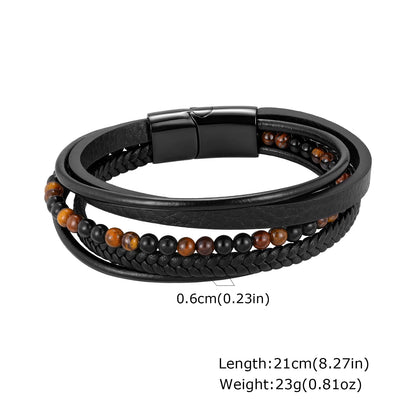 Pulseira de Couro Trançada Multicamadas Vnox para Homens, com Pérolas de Olho de Tigre e Lápis-Lazúli, Fecho Magnético, Joia Masculina Moderna para Presente