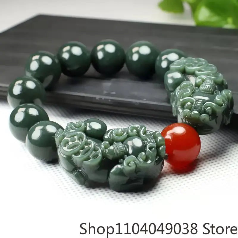 Pulseira dupla Pixiu de jade verde Pulseira de contas de Buda Pulseiras masculinas e femininas