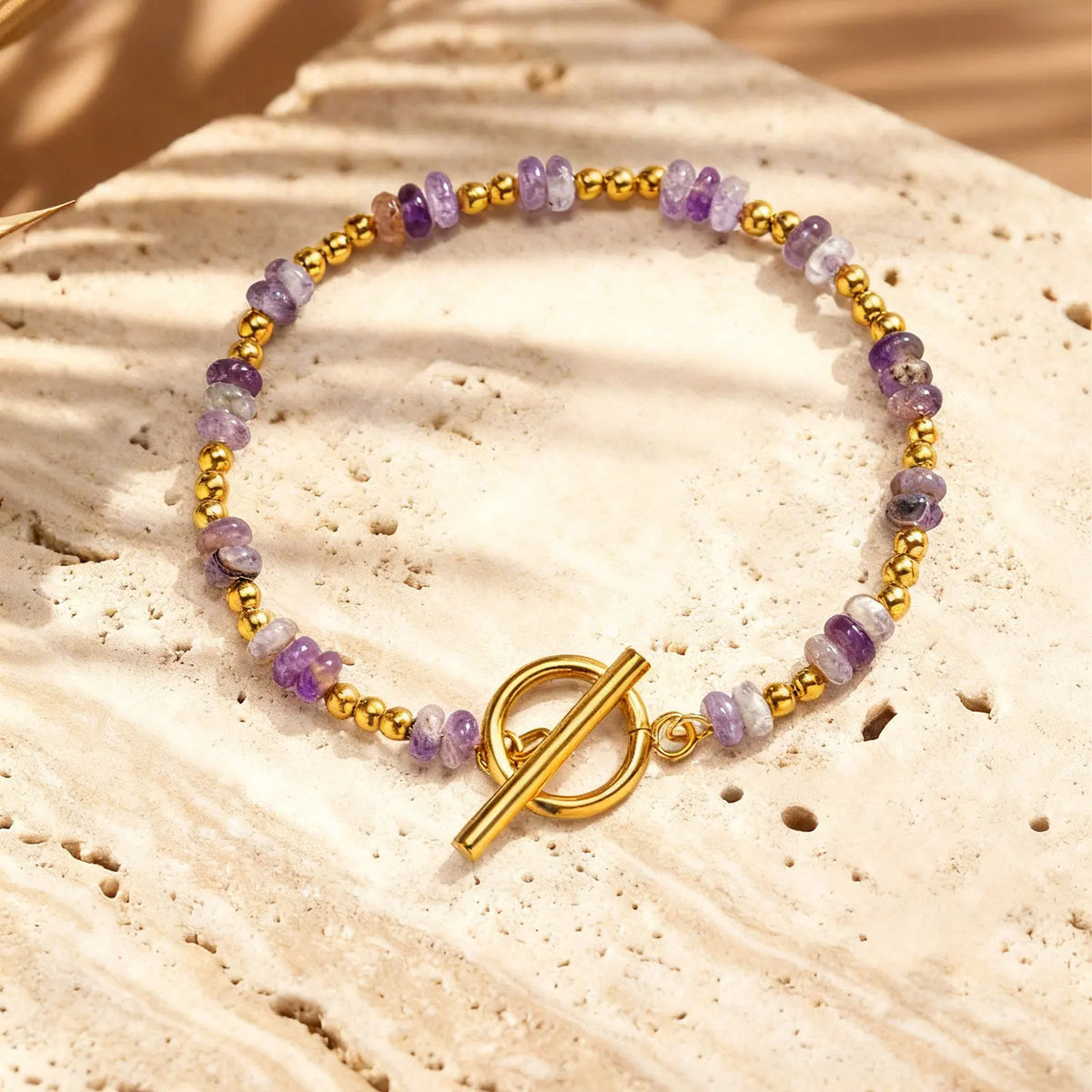 Pulseira de Corrente com Fechos OT e Contas Espaçadoras Pequenas de Pedra Natural Vnox para Mulheres, Pulseiras de Ametistas, Malaquita e Aventurina Verde