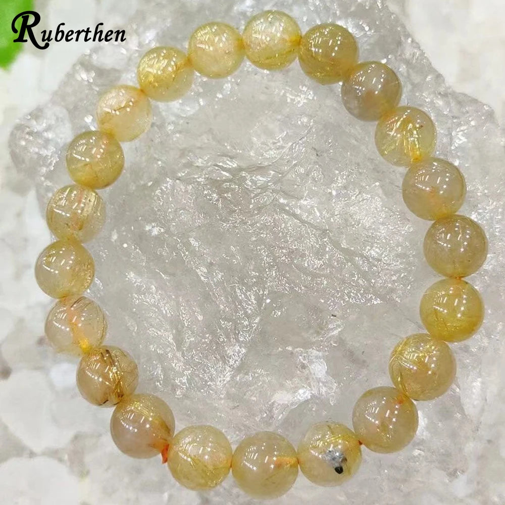 Ruberthen novo design grau aa natural dourado rutilado pulseira de pedra de quartzo rutilo natural joias de confiança metafísica
