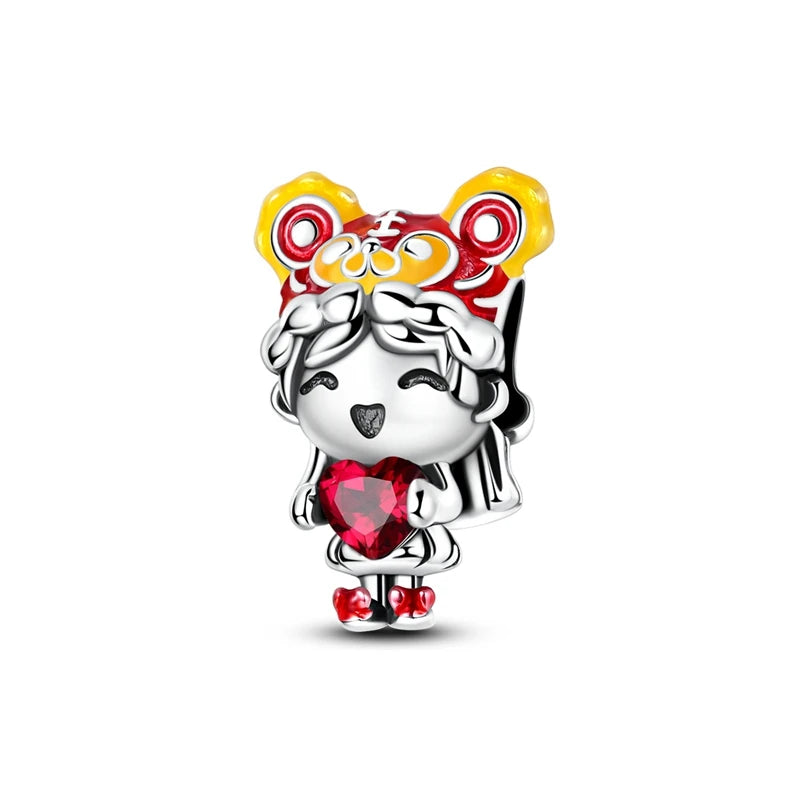 Original 925 prata esterlina encantos grânulo china ano novo vermelho encantos nova boneca pingente fecho aberto caber multi estilo pulseira original