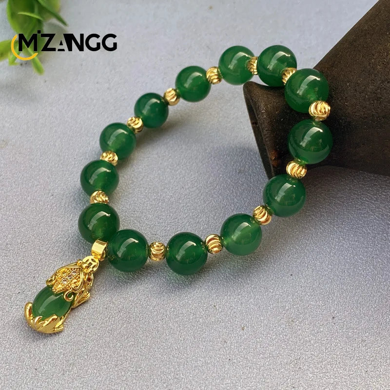 Pulseira pixiu de jade verde natural, ágata de nível a, moda masculina e feminina, joias requintadas, amuletos da sorte