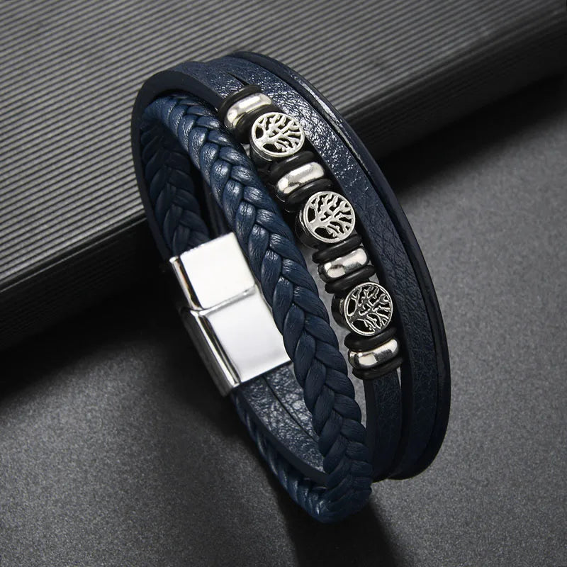 Clássico artesanal pulseiras de couro para homens sorte vida árvore charme em camadas manguito pulseira masculina mão jóias acessórios