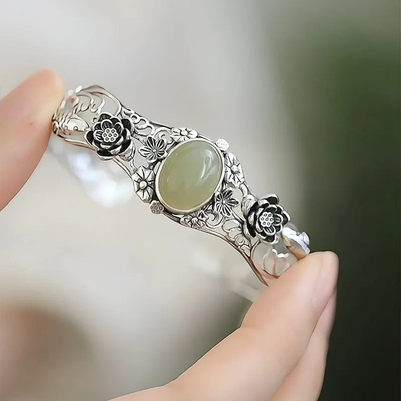 925 prata vintage flor de lótus koi pulseiras para mulheres oco esculpido natural hotan jade verde pulseira banquete jóias