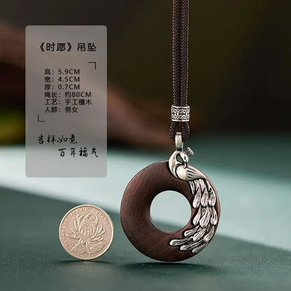 Pingente de pavão de ébano estilo chinês vintage, esplendor radiante, colar de camadas longas ajustável para mulheres, acessório de mistura de linho