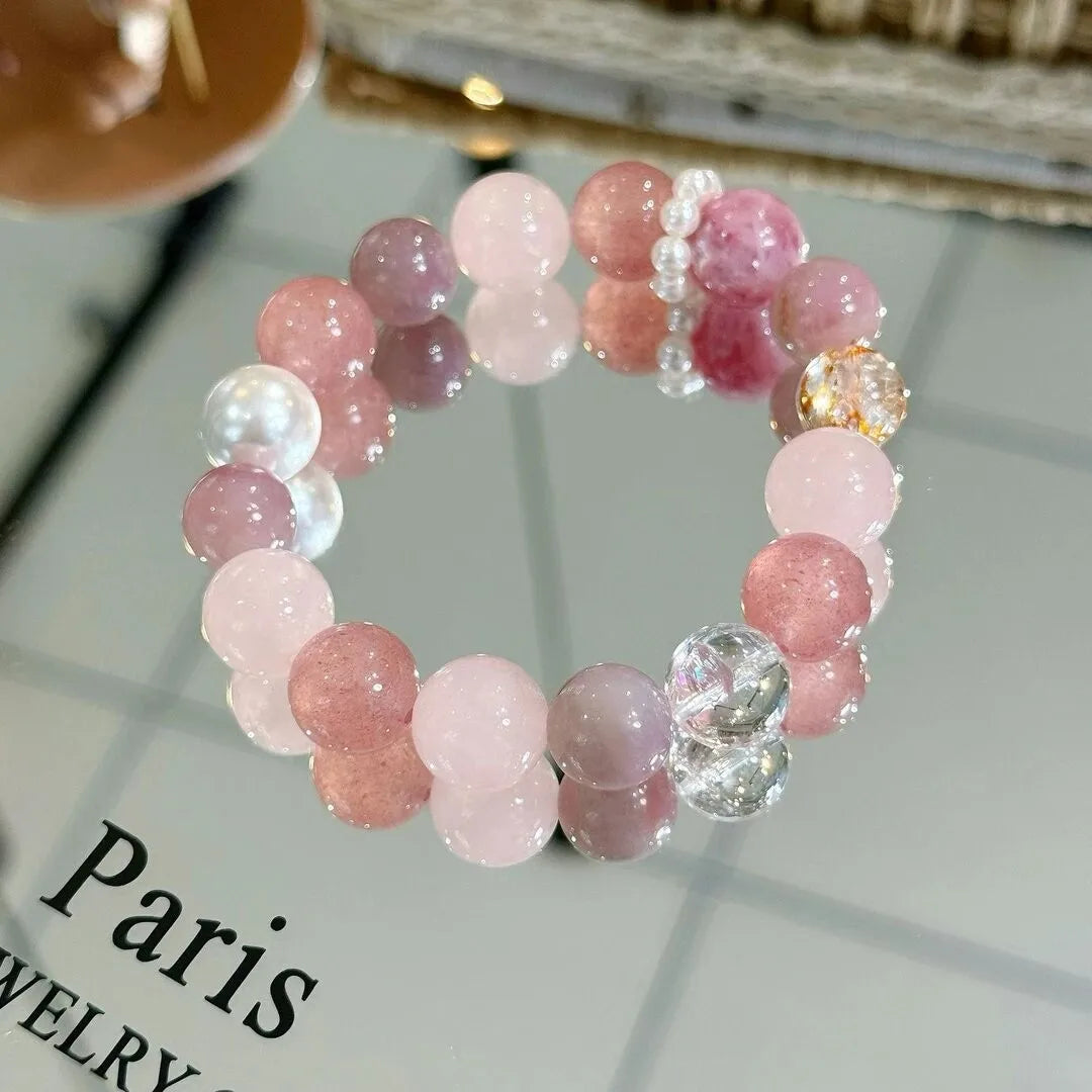 Pulseira de Cristal Natural com Quartzo Morango, Quartzo Rosa e Quartzo Branco em Formato de Cubo de Açúcar, Pulseira de Cristal de Nicho, Presente para Mulheres 2026
