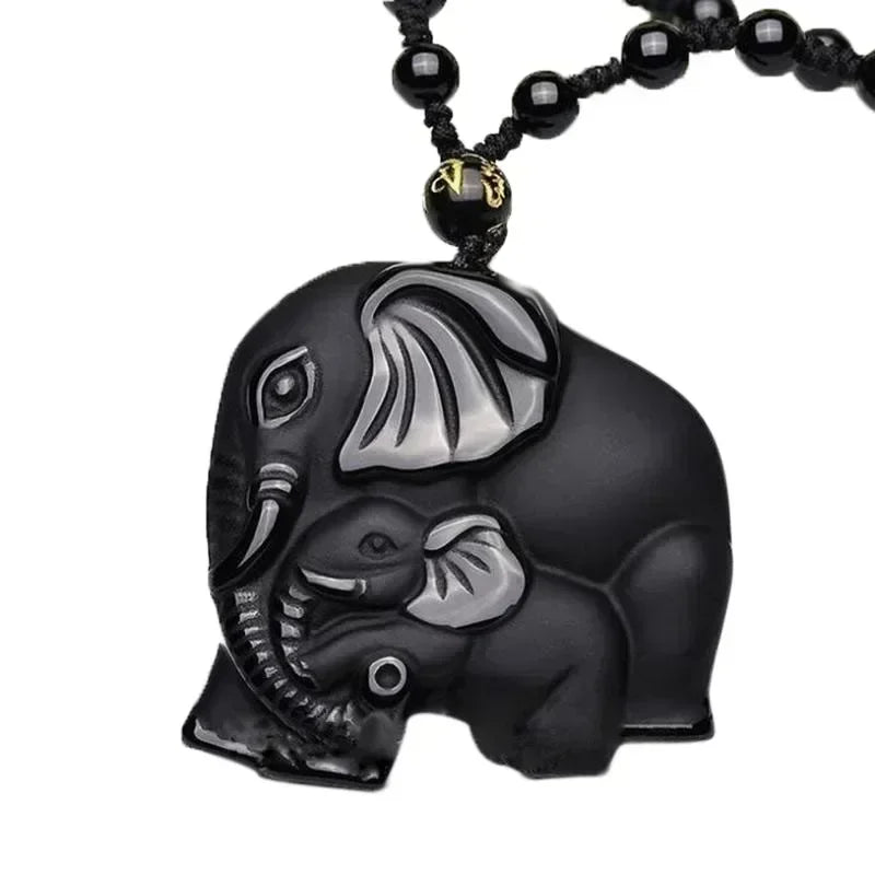 Colar com pingente de fofoca de obsidiana, escultura em forma de dragão e fênix, amuleto da sorte, joias de pérola mantra de seis caracteres