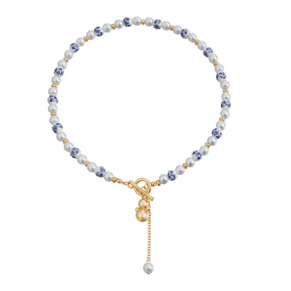 Novo colar com pingente de cabaça em estilo chinês para mulheres, com porcelana azul e branca e pérolas artificiais, joia de pescoço moderna e elegante.