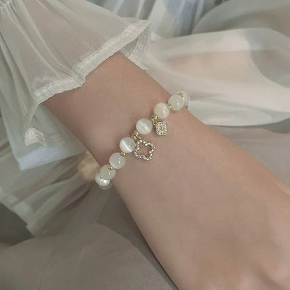 Kirykle pulseira de cristal natural para mulheres, opala branca, pedra, pérola, moda, trevo de quatro folhas da sorte, joias femininas, presente