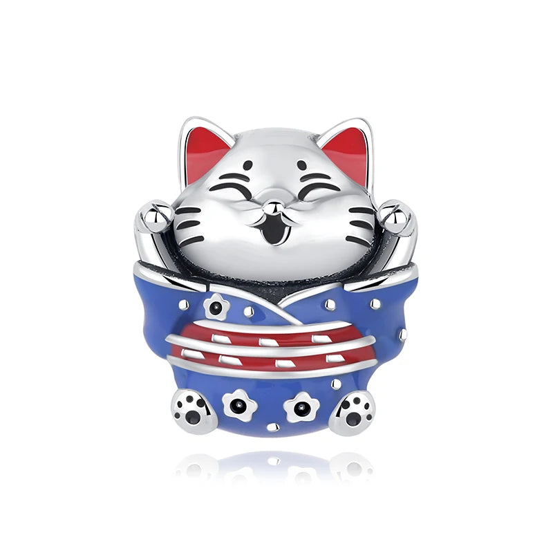 Charms Originais de Prata Esterlina 925, Pingente de Gato da Sorte, Boneca Japonesa, Presente de Ano Novo, Pulseiras e Colares para Mulheres, Joias