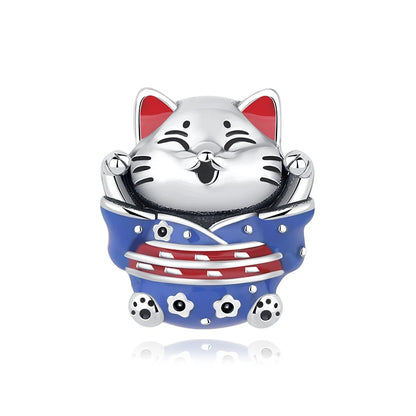 Charms Originais de Prata Esterlina 925, Pingente de Gato da Sorte, Boneca Japonesa, Presente de Ano Novo, Pulseiras e Colares para Mulheres, Joias