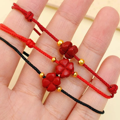 Cinábrio sorte trevo de quatro folhas corda vermelha frisado pulseiras para mulheres homens artesanal trançado vermelho preto corda sorte pulseira jóias
