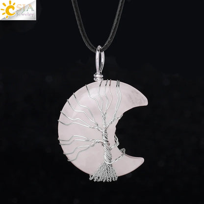 CSJA-Cristal Natural Colar de Pingentes, Lua Crescente Árvore da Vida, Quartzo Rosa, Natural Pedra Chip, Talão Pingentes de Resina, Jóias H151