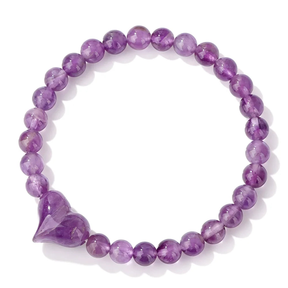 Pulseira de Contas de Ametista Natural de 6mm com Contas de Quartzo Rosa em Formato de Coração, Pulseira da Moda para Mulheres, Joia de Energia Curativa, Presente